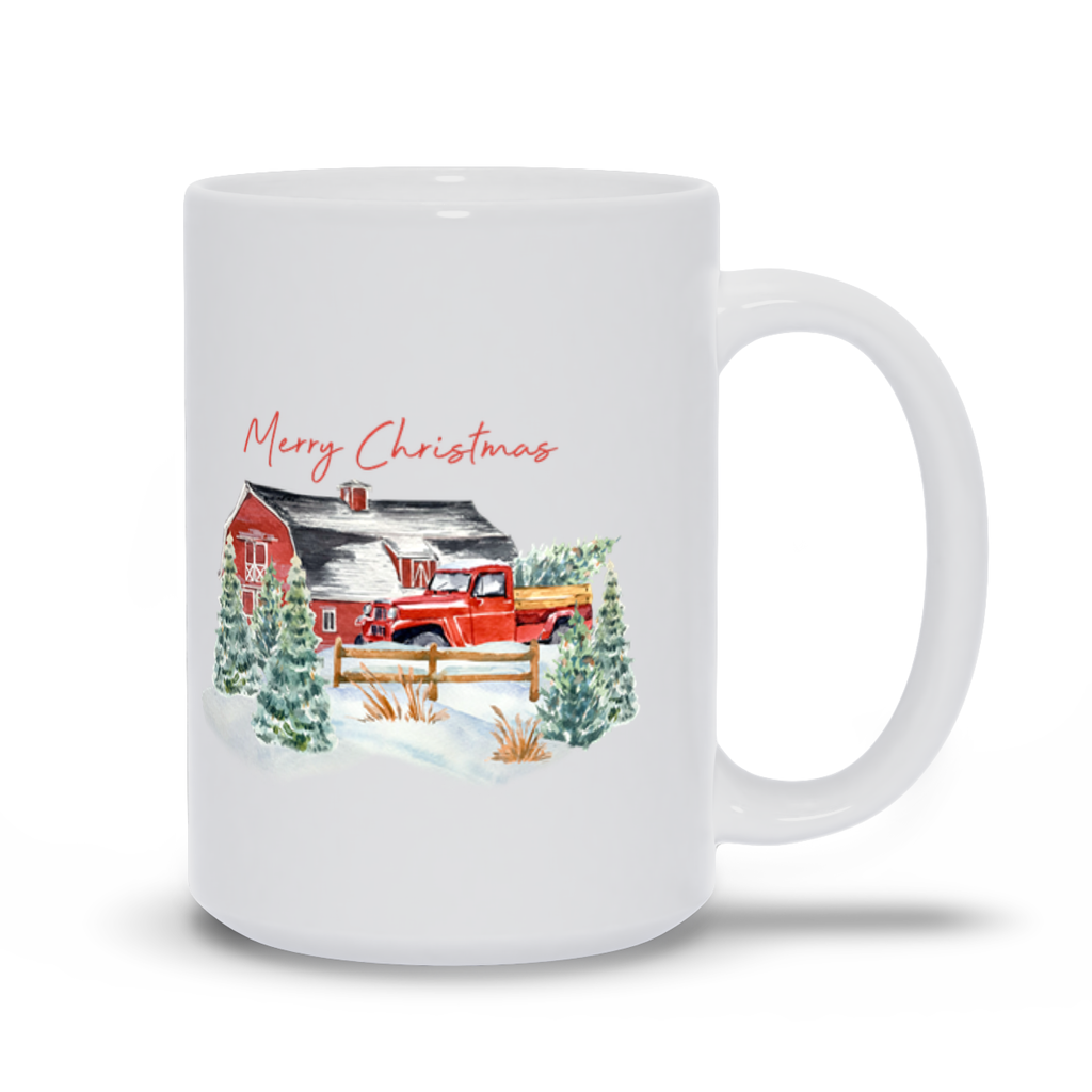 Christmas Farm Truck with A Red Barn  Mugs