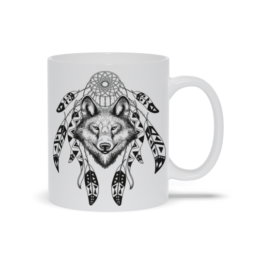 Hand-Drawn Boho Wolf Mug with Design on Both Sides