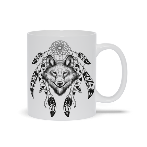 Image of Hand-Drawn Boho Wolf Mug with Design on Both Sides
