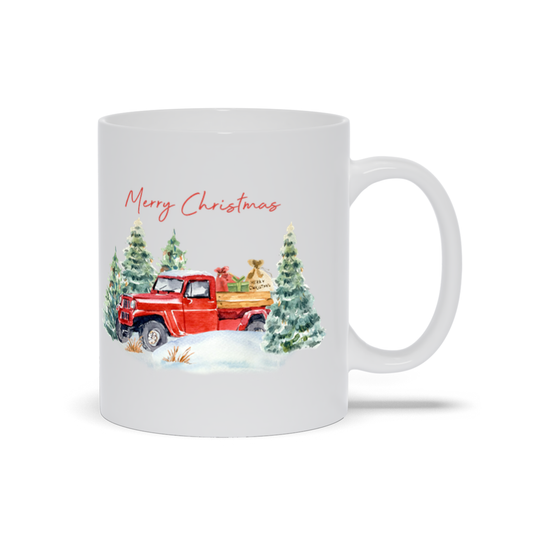 Red Christmas Farm Truck with Pine Trees and Snow