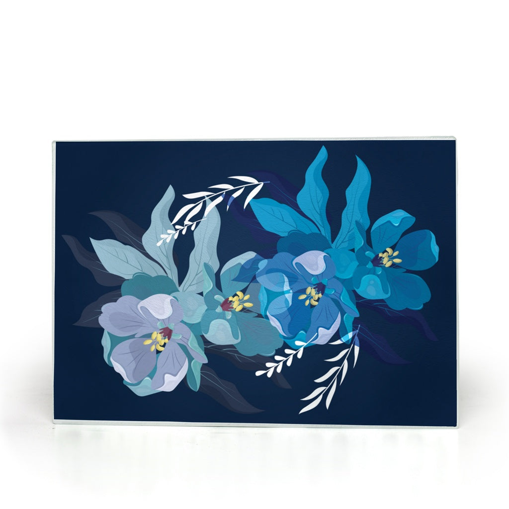 Glass Cutting Board with Teal Flower Design